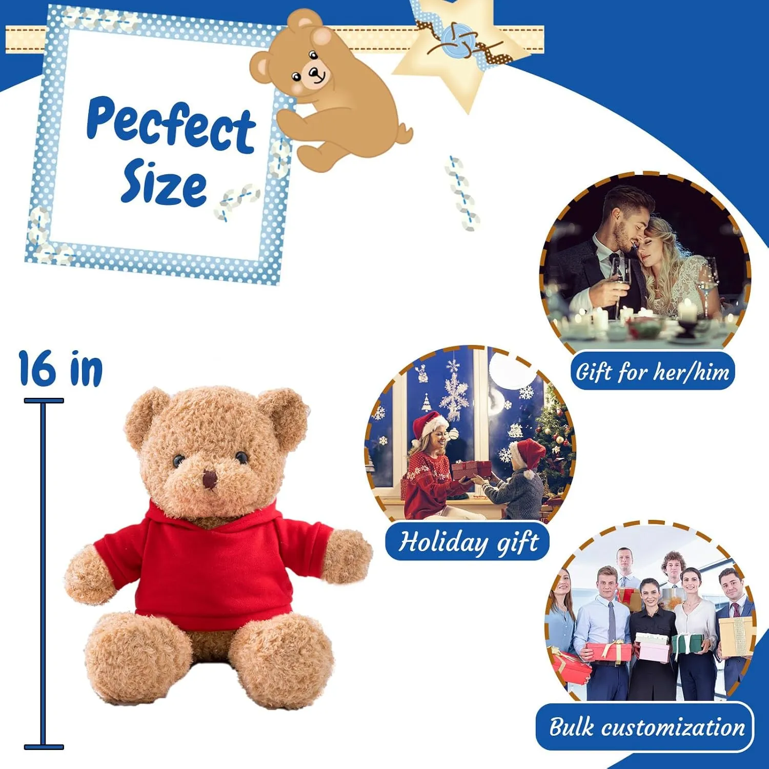 Personalized Gifts Teddy Bear for Kids/Adults Stuffed Bear Plush Toys with Text Photo, Personalized Teddy Bear with as Gifts for Christmas Valentines Day Birthday (16inch-Text Photo)