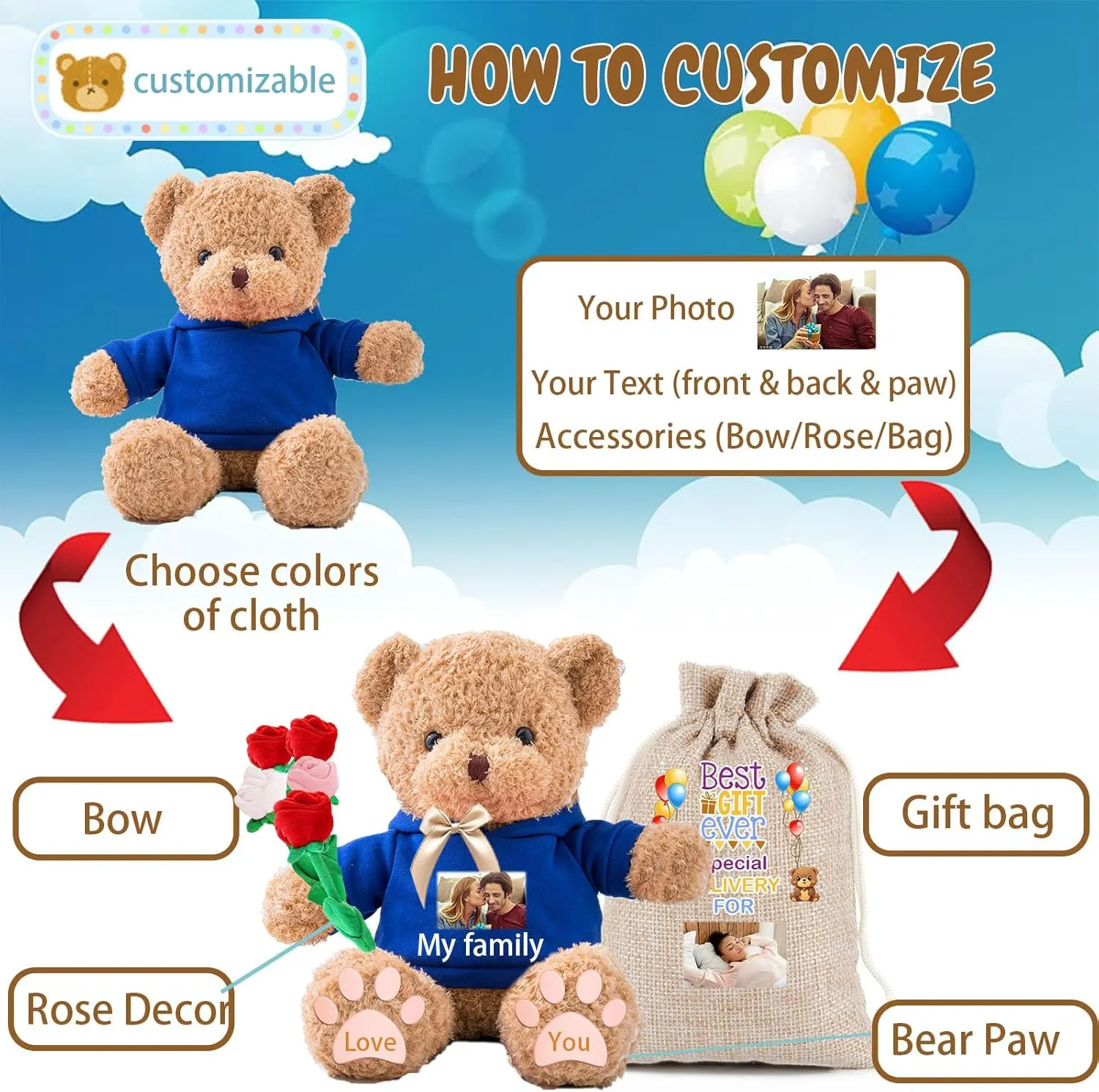 Personalized Gifts Teddy Bear for Kids/Adults Stuffed Bear Plush Toys with Text Photo, Personalized Teddy Bear with as Gifts for Christmas Valentines Day Birthday (16inch-Text Photo)
