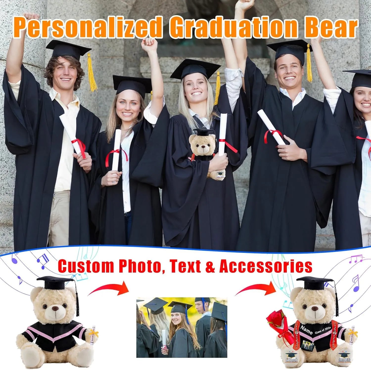 Personalized Graduation Bear Class of 2025 Teddy Bear with Text Photo, Personalized Teddy Bear as Graduation Gifts for Him Her 2025 High School College Graduation Gifts 2025 (8 inch)