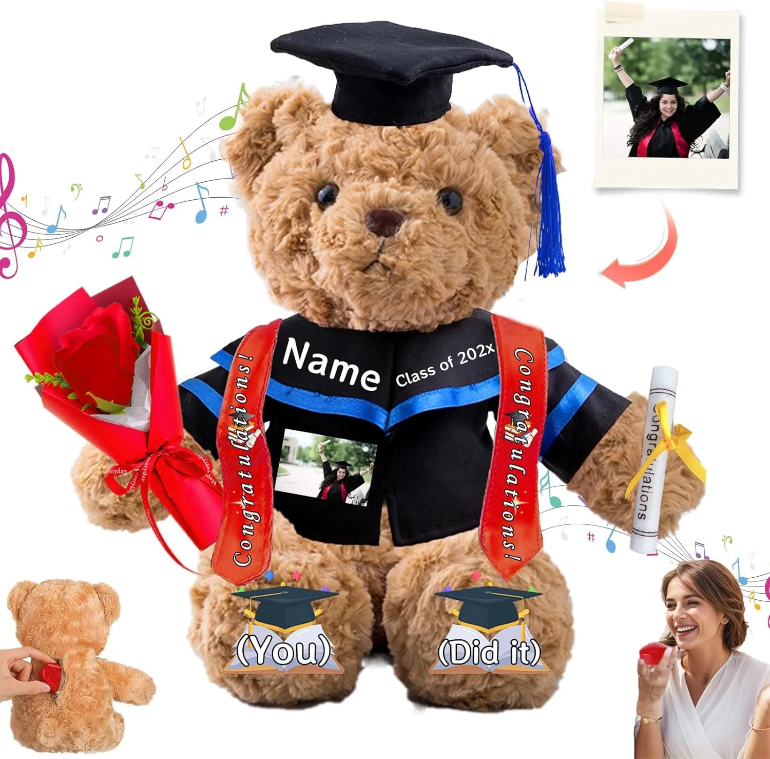 Personalized Graduation Bear with Text Photo, Graduation Teddy Bear Class of 2025 as Graduation Decorations for Him Her 2025 High School Kindergarten Graduation Gifts 2025 (11 inch)