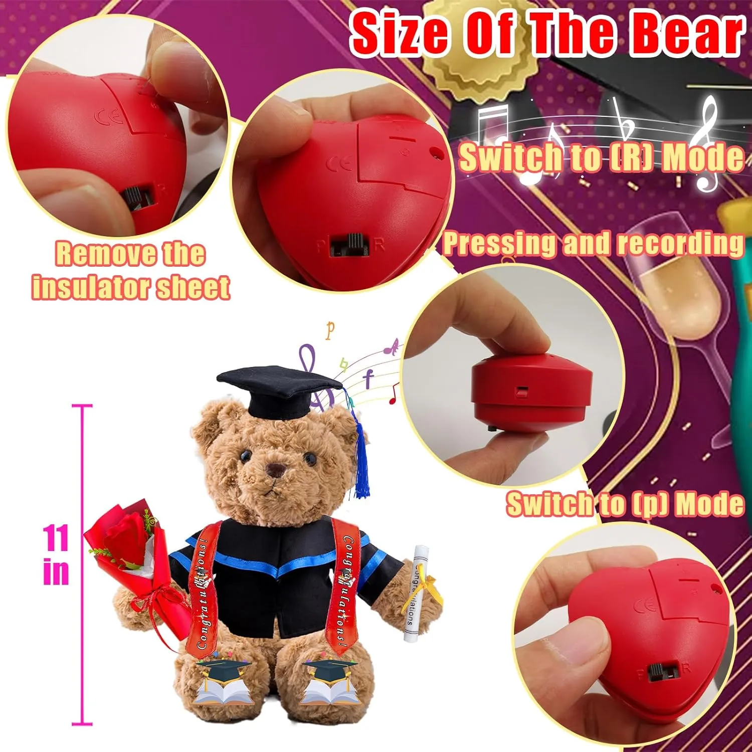 Personalized Graduation Bear with Text Photo, Graduation Teddy Bear Class of 2025 as Graduation Decorations for Him Her 2025 High School Kindergarten Graduation Gifts 2025 (11 inch)