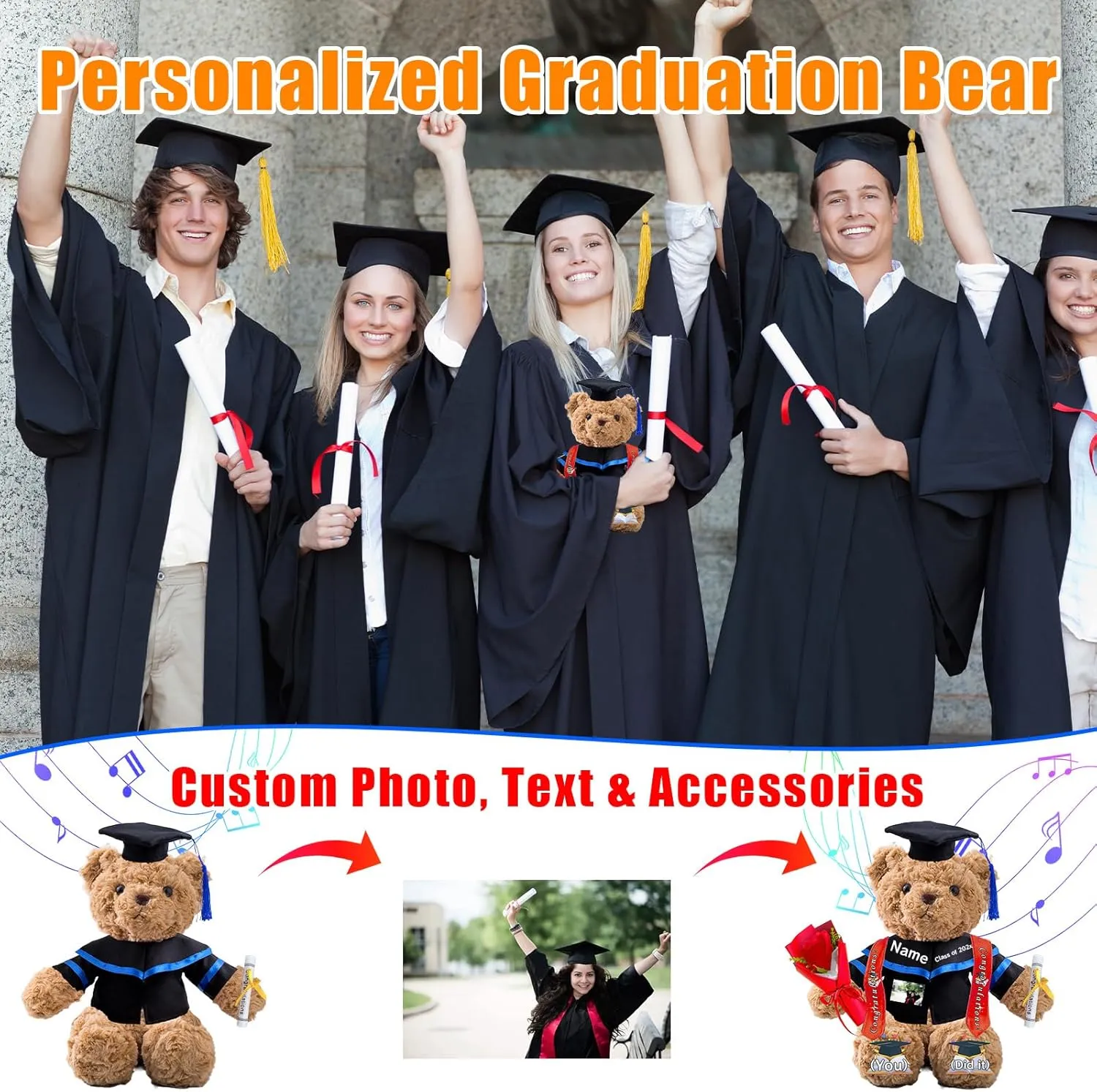 Personalized Graduation Bear with Text Photo, Graduation Teddy Bear Class of 2025 as Graduation Decorations for Him Her 2025 High School Kindergarten Graduation Gifts 2025 (11 inch)