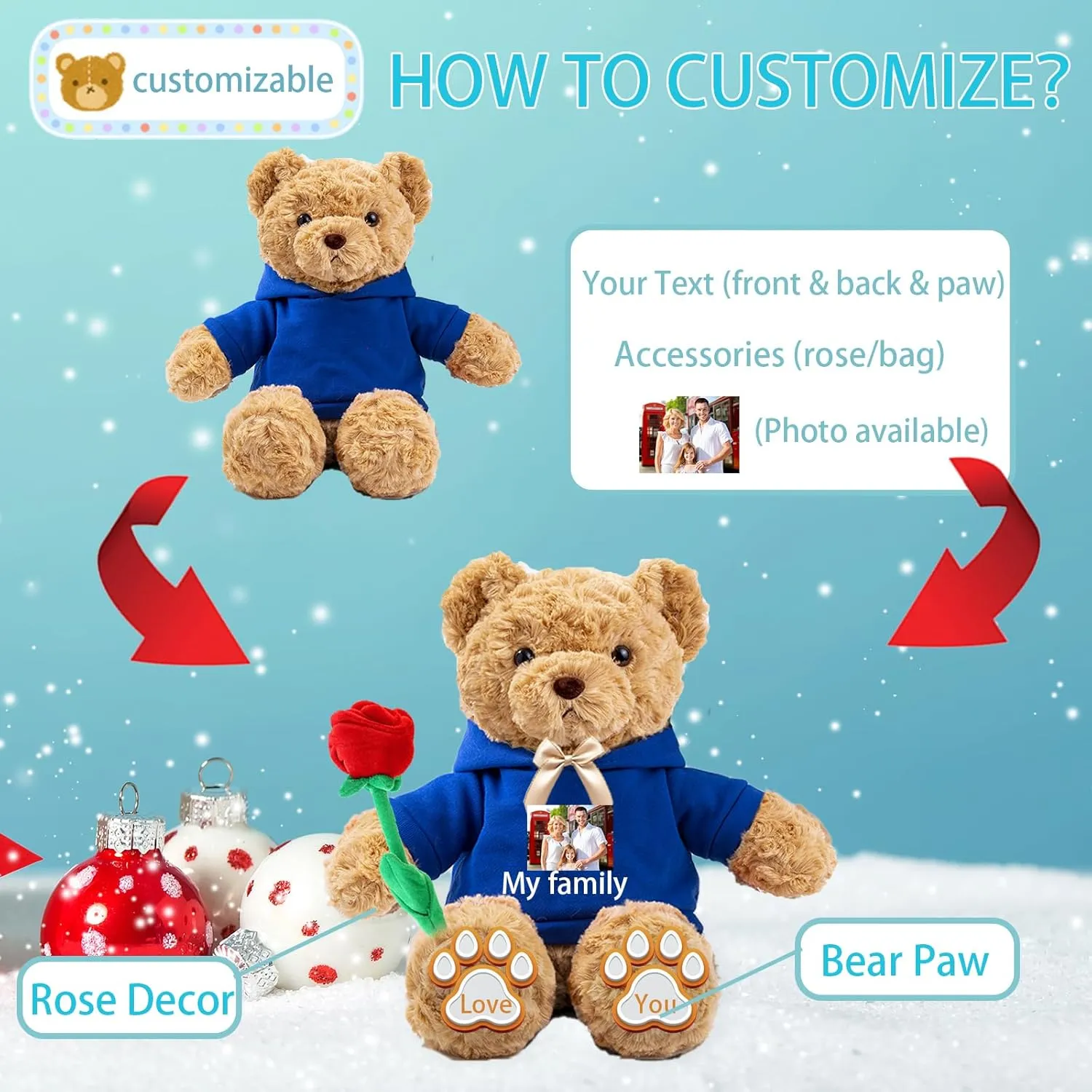 Personalized Teddy Bear for Her Him Bear Plush with Custom Text Photo, Personalized Gifts Teddy Bear Stuffed for Birthday, 11 inch