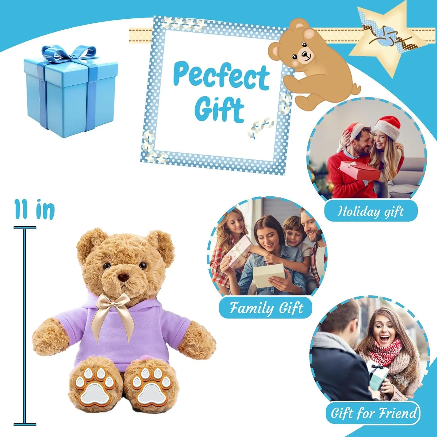Personalized Teddy Bear for Her Him Bear Plush with Custom Text Photo, Personalized Gifts Teddy Bear with Bow, 11 inch