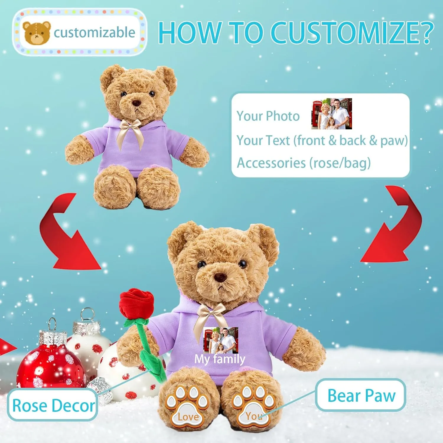 Personalized Teddy Bear for Her Him Bear Plush with Custom Text Photo, Personalized Gifts Teddy Bear with Bow, 11 inch