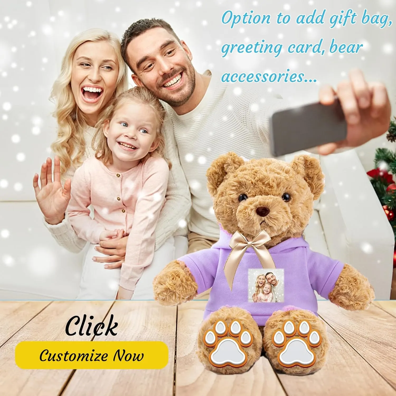 Personalized Teddy Bear for Her Him Bear Plush with Custom Text Photo, Personalized Gifts Teddy Bear with Bow, 11 inch
