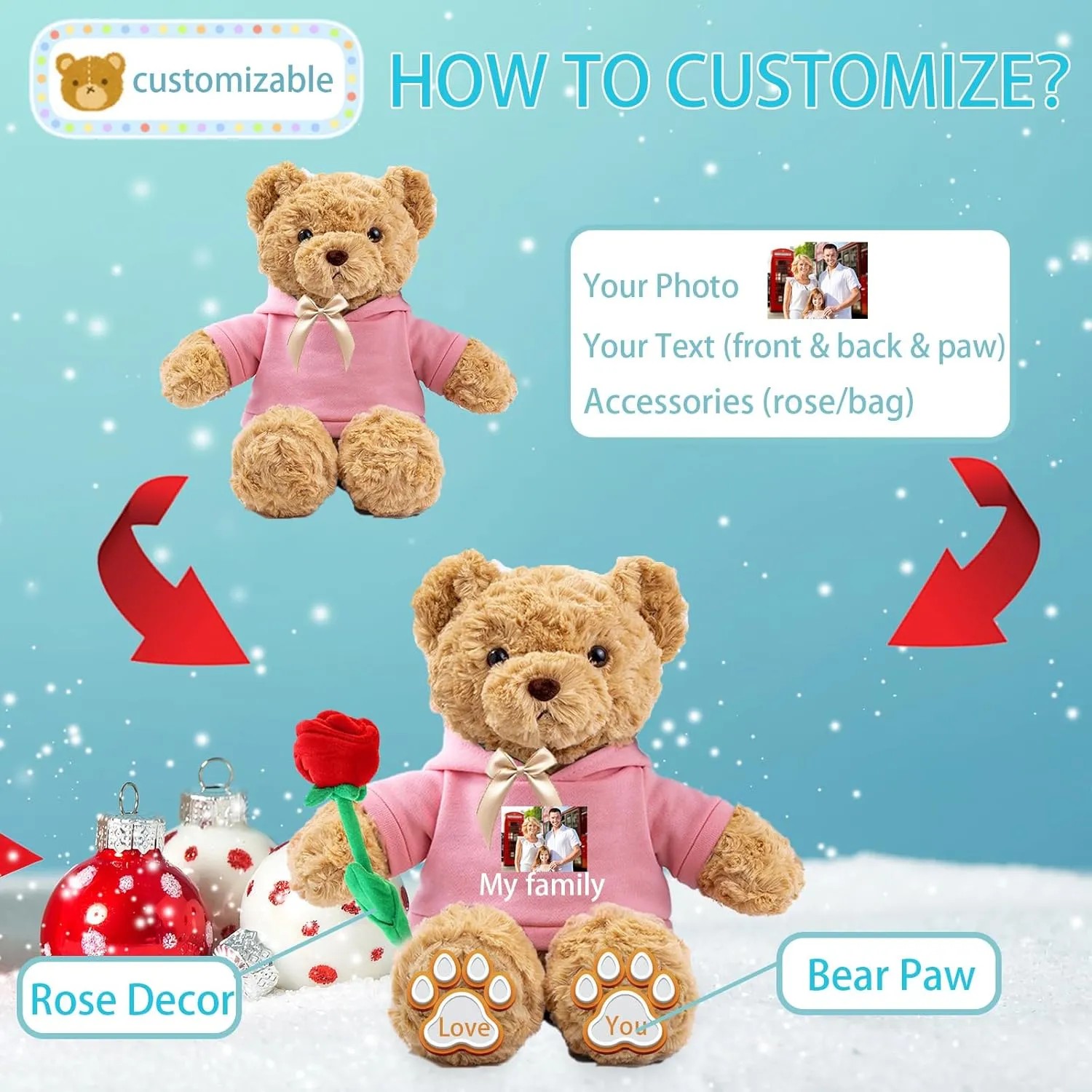 Personalized Teddy Bear for Her Him Bear Plush with Custom Text Photo, Personalized Gifts Teddy Bear with Bow as for Valentines Day Christmas Day Birthday (11-in-Text Photo)