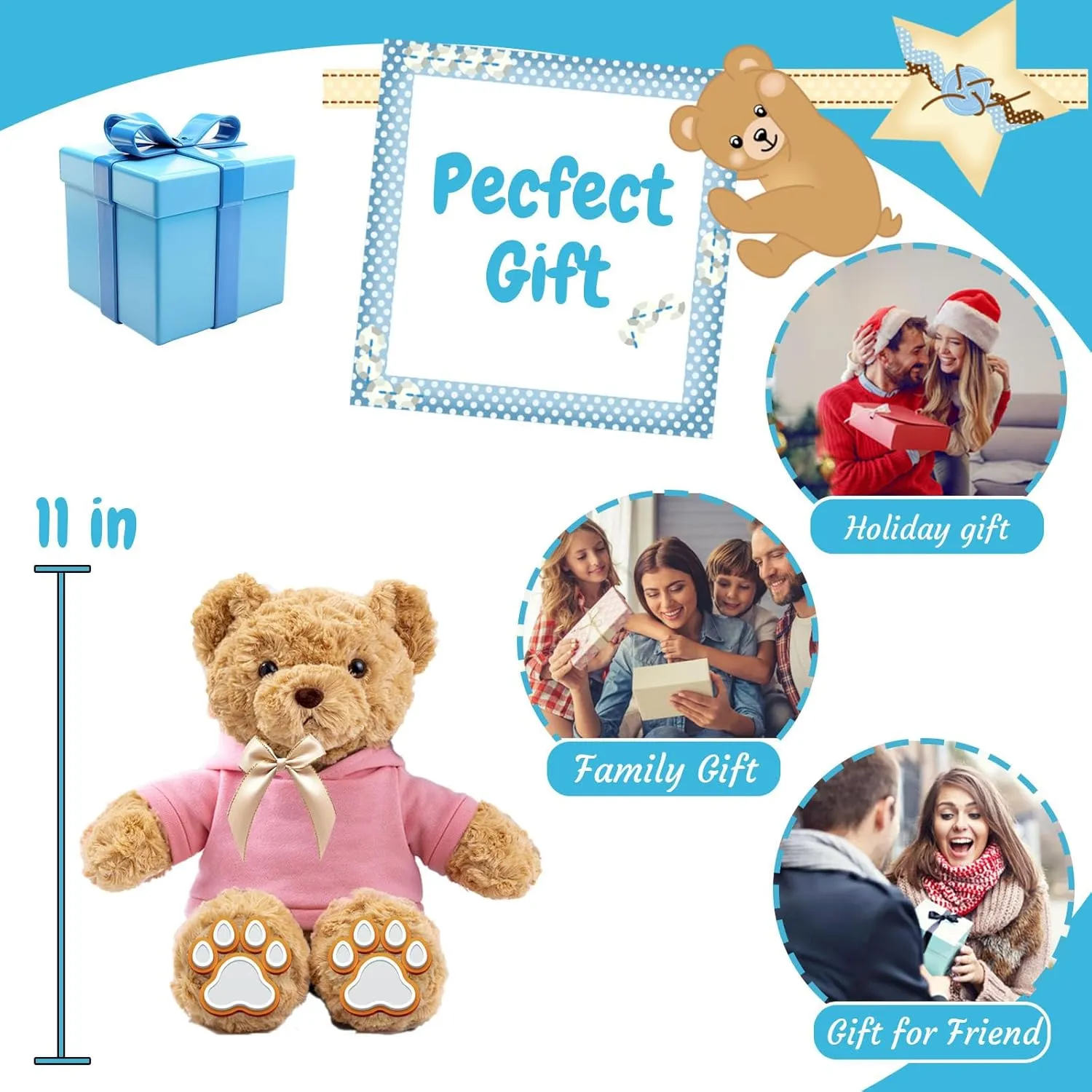 Personalized Teddy Bear for Her Him Bear Plush with Custom Text Photo, Personalized Gifts Teddy Bear with Bow as for Valentines Day Christmas Day Birthday (11-in-Text Photo)