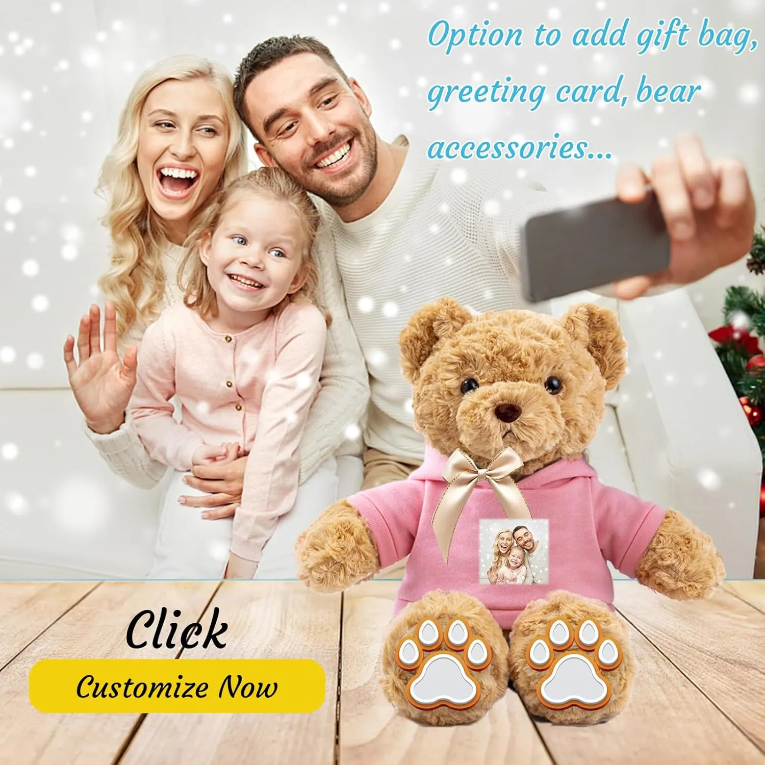 Personalized Teddy Bear for Her Him Bear Plush with Custom Text Photo, Personalized Gifts Teddy Bear with Bow as for Valentines Day Christmas Day Birthday (11-in-Text Photo)