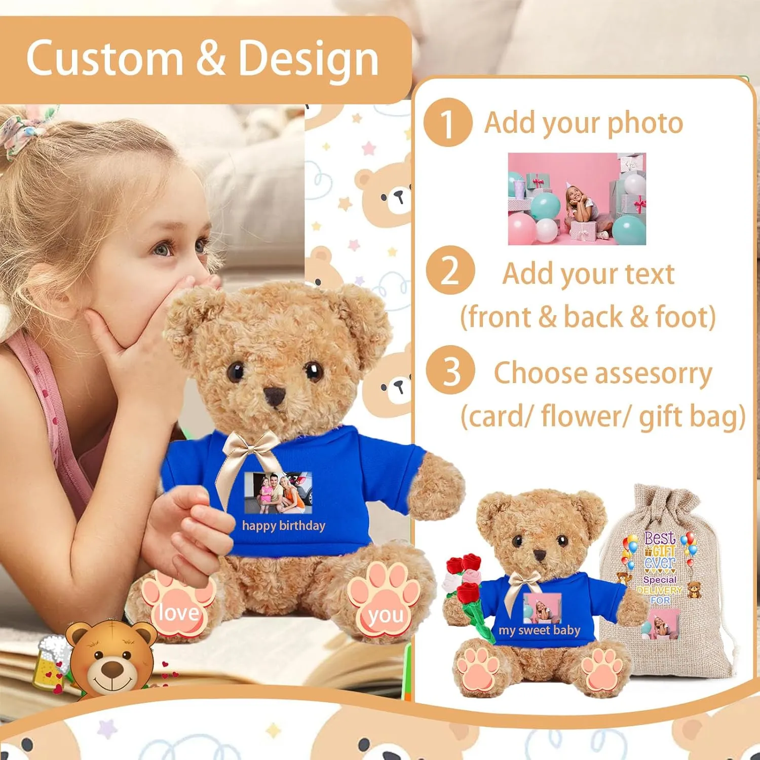 Personalized Teddy Bear for Her Him, Brown Bear Stuffed Plush Toys with Text Photo, Personalized Gifts Bear with Bow as Gifts for Christmas Valentines Day Birthday (12 inch-Text Photo)