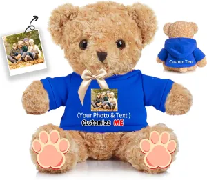 Personalized Teddy Bear for Her Him, Brown Bear Stuffed Plush Toys with Text Photo, Personalized Gifts Bear with Bow as Gifts for Christmas Valentines Day Birthday (12 inch-Text Photo)