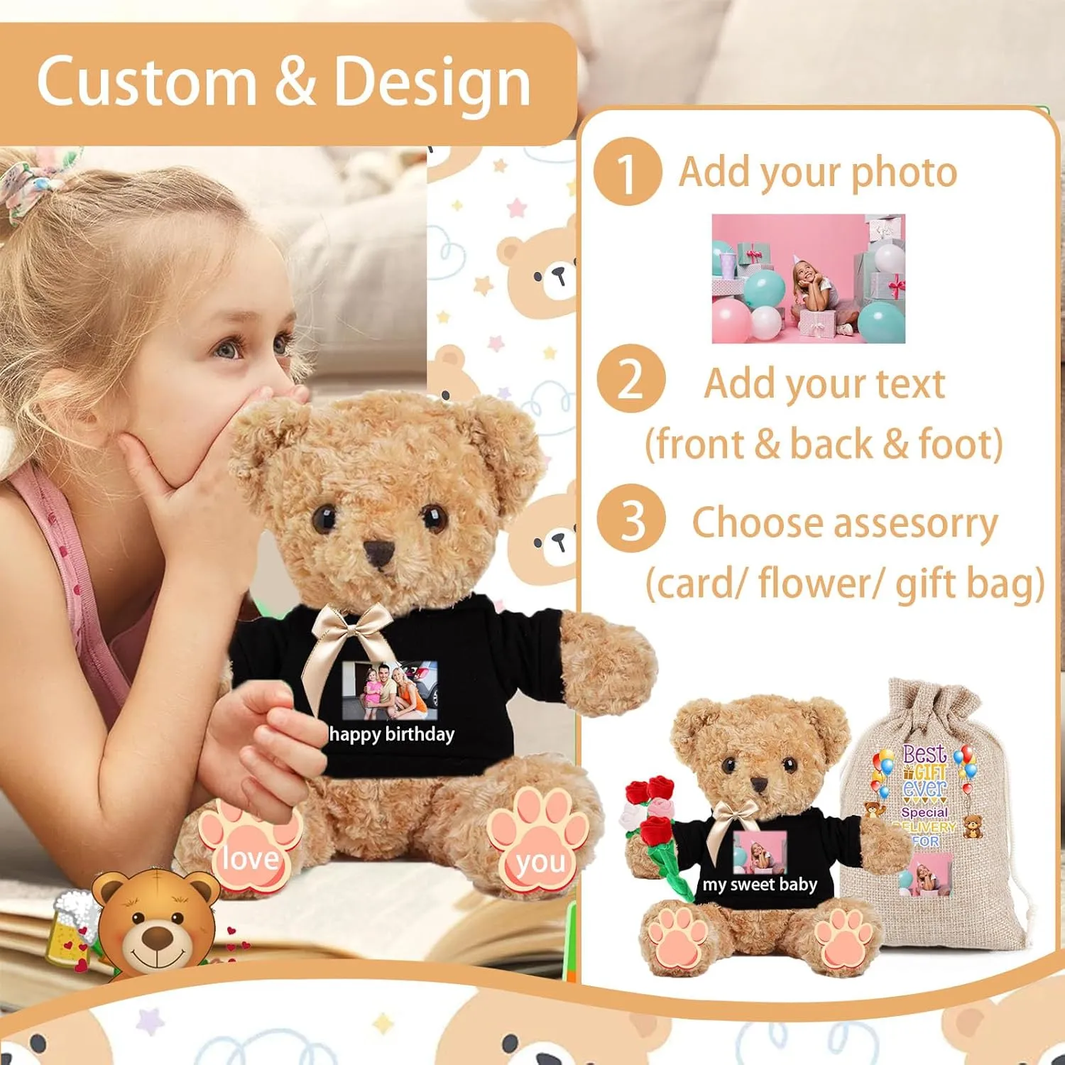 Personalized Teddy Bear for Her Him, Brown Bear Stuffed Plush Toys with Text Photo, Personalized Gifts Bear with Bow as Gifts for Christmas Valentines Day Birthday (12 inch-Text Photo)