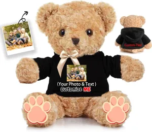 Personalized Teddy Bear for Her Him, Brown Bear Stuffed Plush Toys with Text Photo, Personalized Gifts Bear with Bow as Gifts for Christmas Valentines Day Birthday (12 inch-Text Photo)