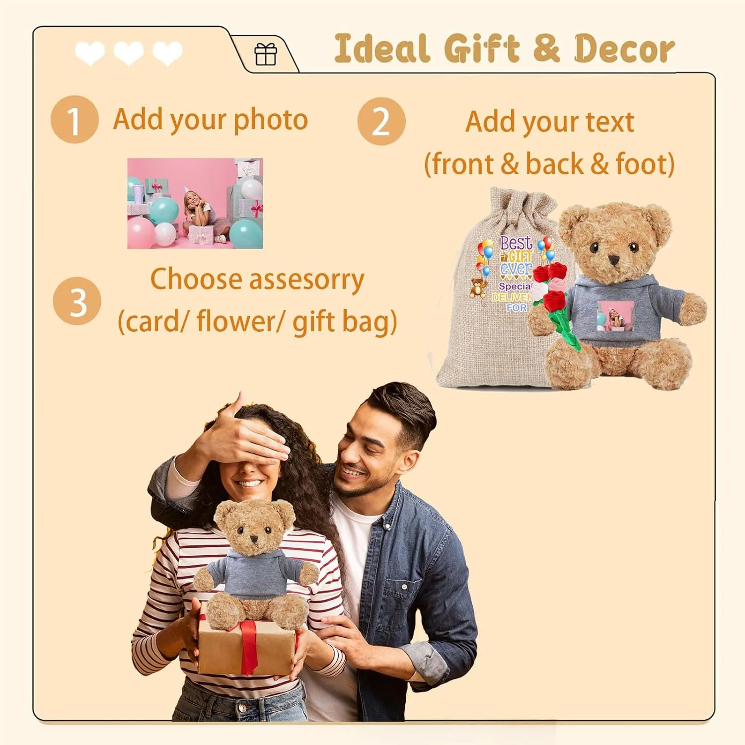 Personalized Teddy Bear for Her Him, Brown Bear Stuffed Plush Toys with Text Photo, Personalized Gifts for Birthday 12 inch