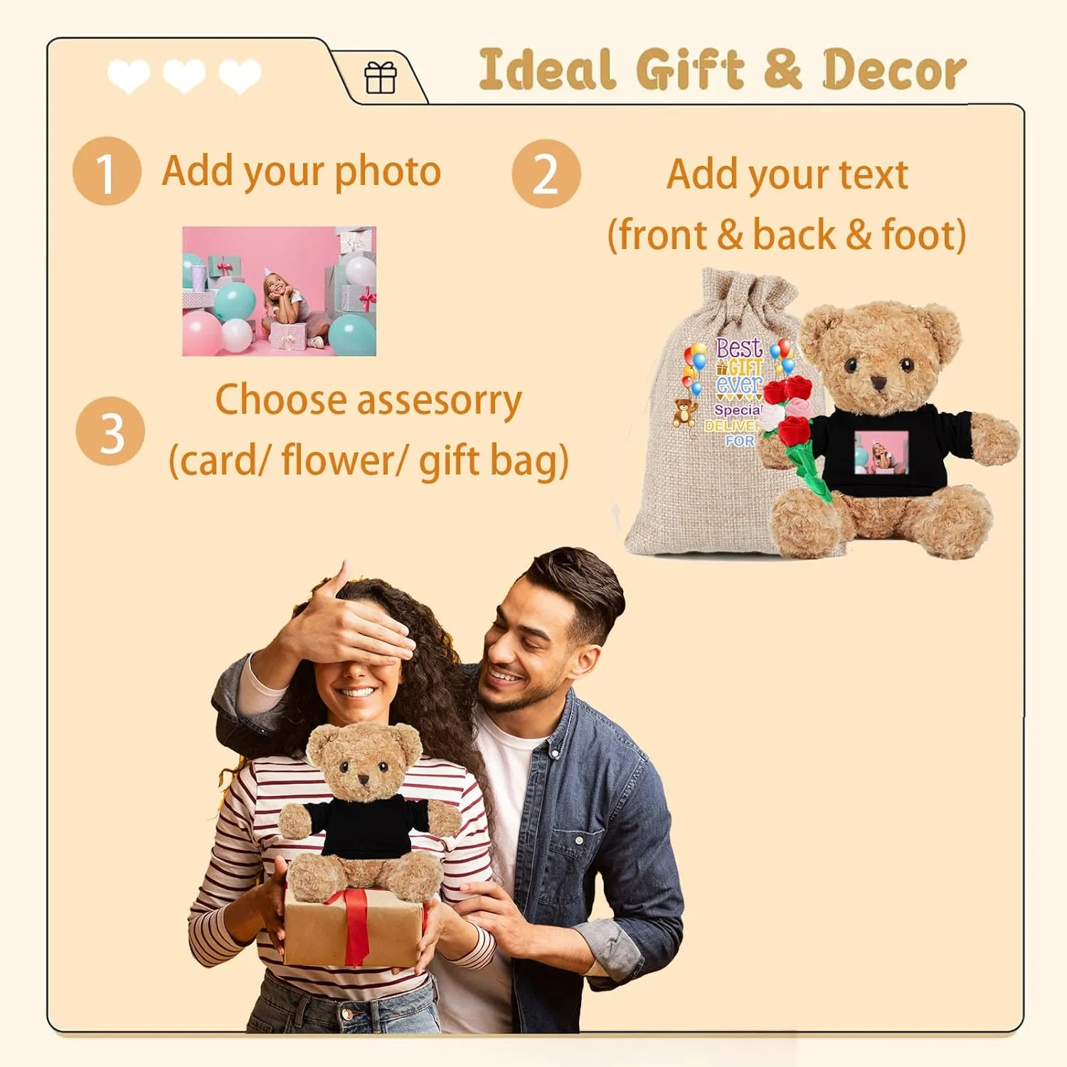 Personalized Teddy Bear for Her Him, Brown Bear Stuffed Plush Toys with Text Photo, Personalized Gifts for Birthday 12 inch