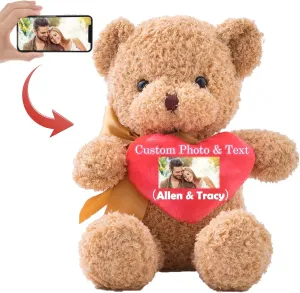 Personalized Teddy Bear with Photo & Custom Text on Red Heart, Stuffed Animal Holding Heart as 'I'm Sorry' Gift for Him/Her on Valentine's Day, Anniversary, Birthday (10 Inches)