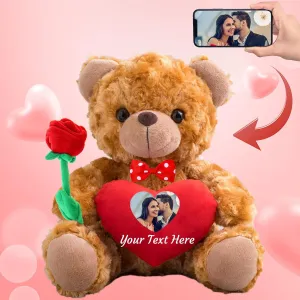 Personalized Teddy Bear with Photo and Custom Text on Heart, Stuffed Animals Valentine Teddy Bear with Rose & Bow as Im Sorry Gifts for Her on Valentine/Anniversary/Birthday (8 in-Red Heart)