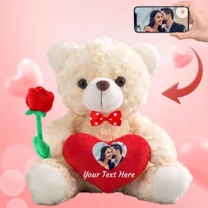 Personalized Teddy Bear with Photo and Custom Text on Heart, Valentine Teddy Bear with Rose & Bow for Her/Him as Personalized Gifts for Valentines/Birthday/Anniversary (10 in-Red Heart)