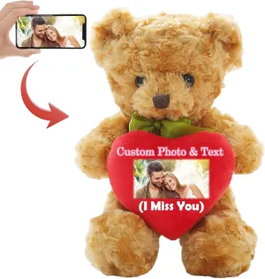 Personalized Teddy Bear with Photo and Custom Text on Red Heart, Teddy Bear Stuffed Animals Holding Red Heart as Im Sorry Gifts for her/Him on Valentine's Day/Anniversary/Birthday (12IN-Red Heart)