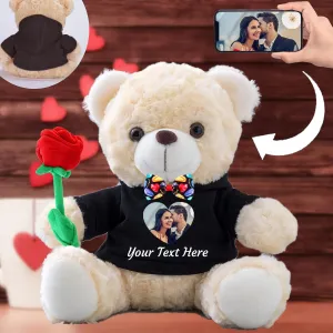Personalized Teddy Bear with Photo and Custom Text, Valentine Teddy Bear with Rose and Bow for Her as Personalized Gifts for Men as Valentines Gift/Birthday/Anniversary (10 in-Hoodie-Black)