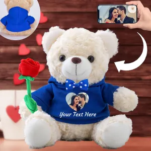 Personalized Teddy Bear with Photo and Custom Text, Valentine Teddy Bear with Rose and Bow for Her as Personalized Gifts for Men as Valentines Gift/Birthday/Anniversary (10 in-Hoodie-Blue)