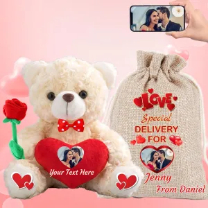 Personalized Teddy Bear with Photo and Text on Heart, Bear Stuffed with Valentine Gift Bag & Bow & Rose as Im Sorry Gifts for Her on Valentine/Valentine's Gifts for Your Boyfriend (8 in-Text Photo)
