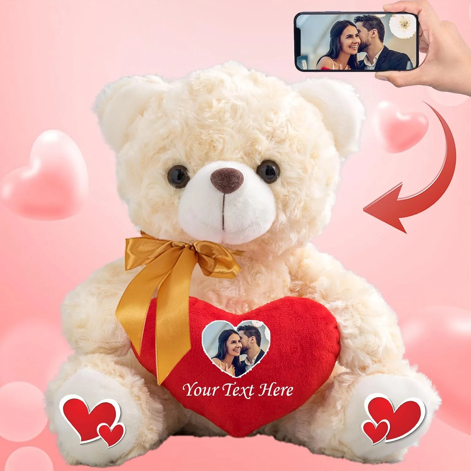 Personalized Teddy Bear with Photo and Text on Heart, Stuffed Animals Valentine Teddy Bear with Bow as Im Sorry Gifts for Her on Valentine/Valentine's Gifts for Your Boyfriend (8 in-Text Photo)