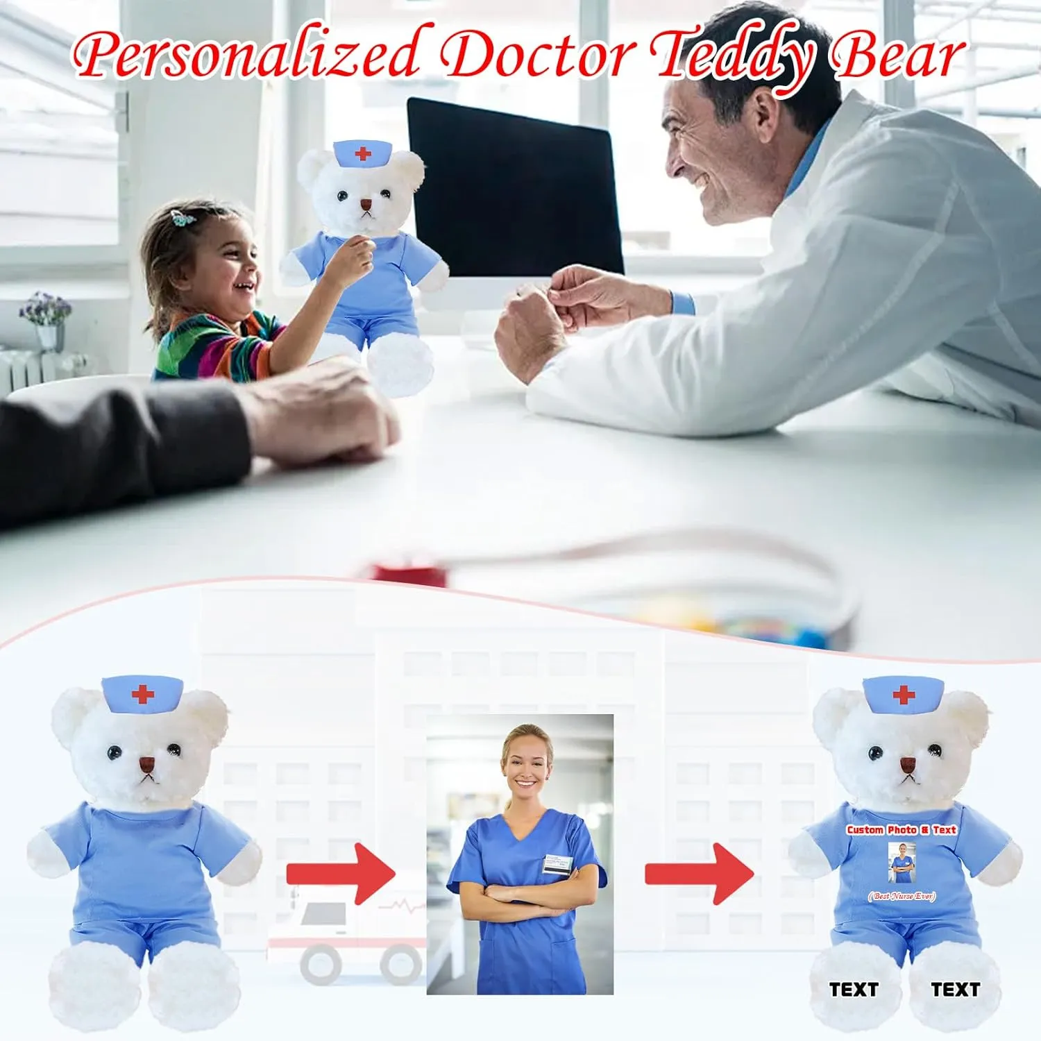 Personalized Teddy Bear with Text Photo, Teddy Bear Stuffed Animal as Nurse Gift Doctor Gift for Men Women, Personalized Gift for Doctor Nurse Medical Student Graduation Gifts (10 inch)