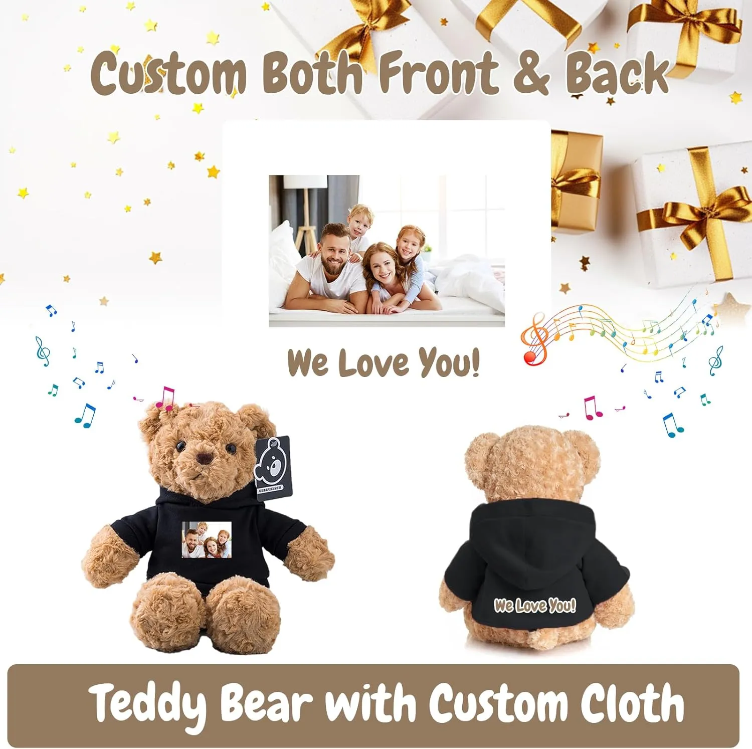 Personalized Teddy Bear with Voice Recording for Kids Adults, Personalized Gifts Bear with Bow Plush Toys with Text Photo as Customized Gift for Valentines Christmas (11 inch-Text Photo)