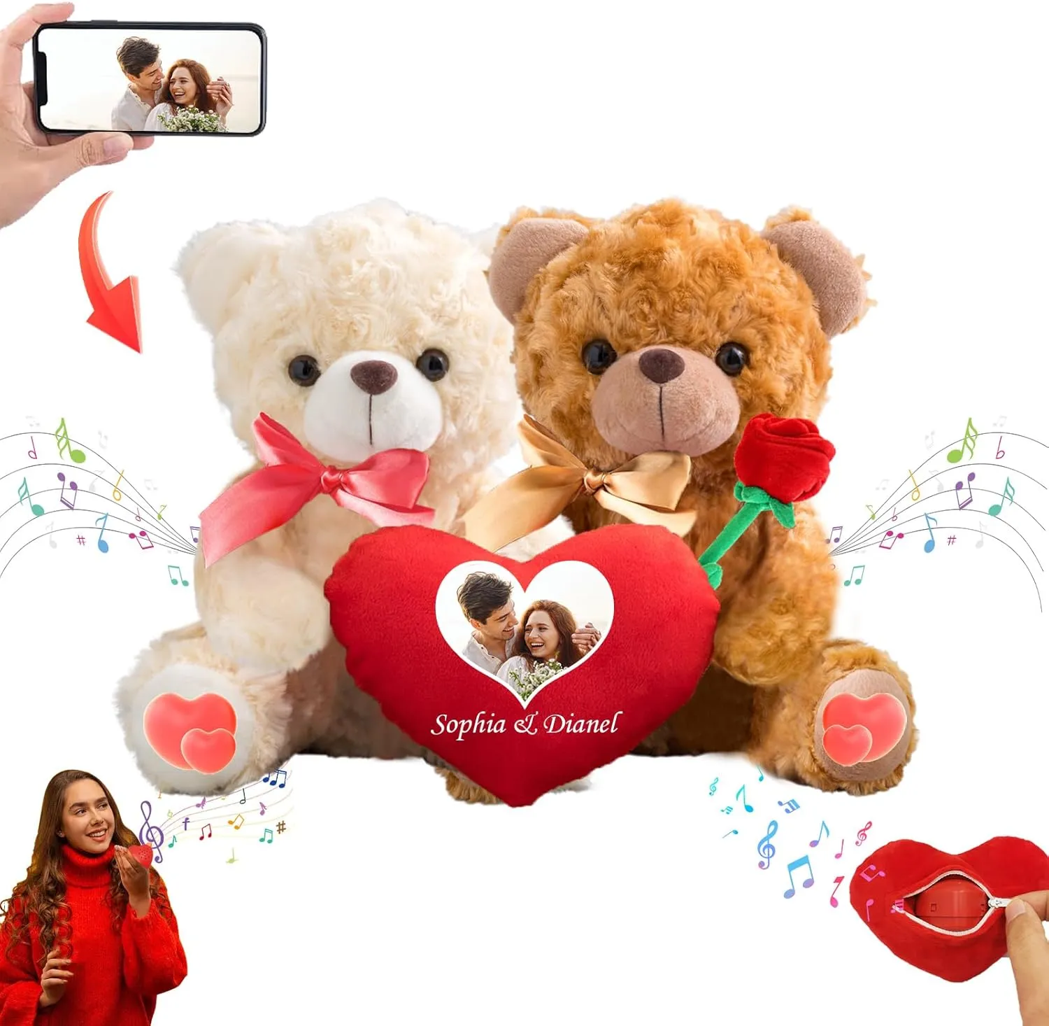 Personalized Valentine Gifts Teddy Bear with Heart as Personalized Couple Gifts for Him and Her, Hugging Plush Valentine Teddy Bear with Text Photo as Valentine Day Gift for Him and Her 2PCS (8 inch)