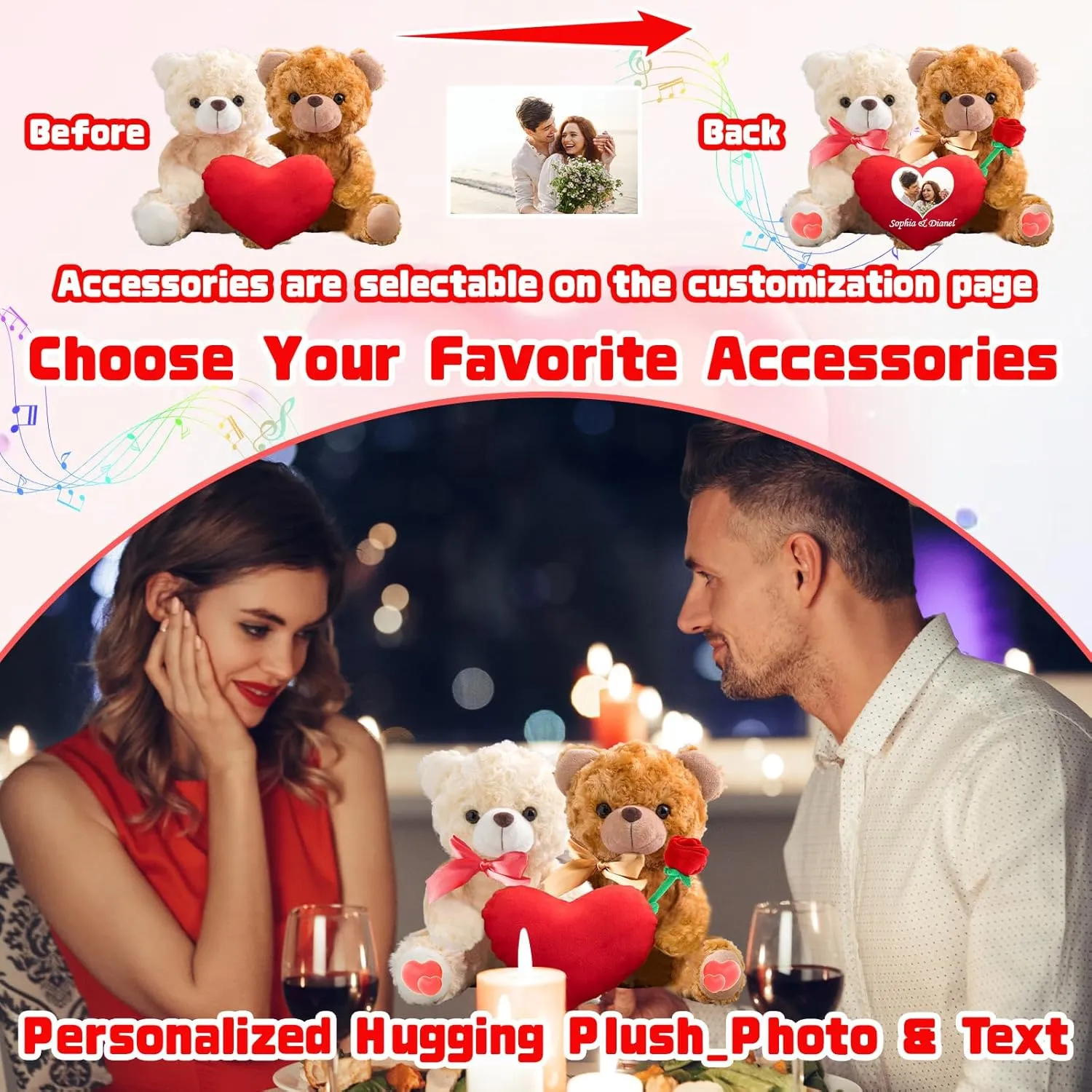 Personalized Valentine Gifts Teddy Bear with Heart as Personalized Couple Gifts for Him and Her, Hugging Plush Valentine Teddy Bear with Text Photo as Valentine Day Gift for Him and Her 2PCS (8 inch)