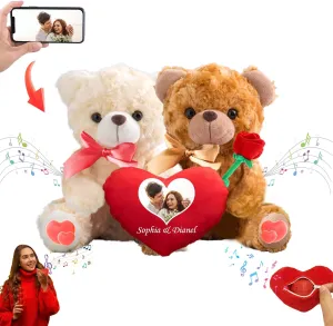 Personalized Valentine Gifts Teddy Bear with Heart as Personalized Couple Gifts for Him and Her, Hugging Plush Valentine Teddy Bear with Text Photo as Valentine Day Gift for Him and Her 2PCS (8 inch)