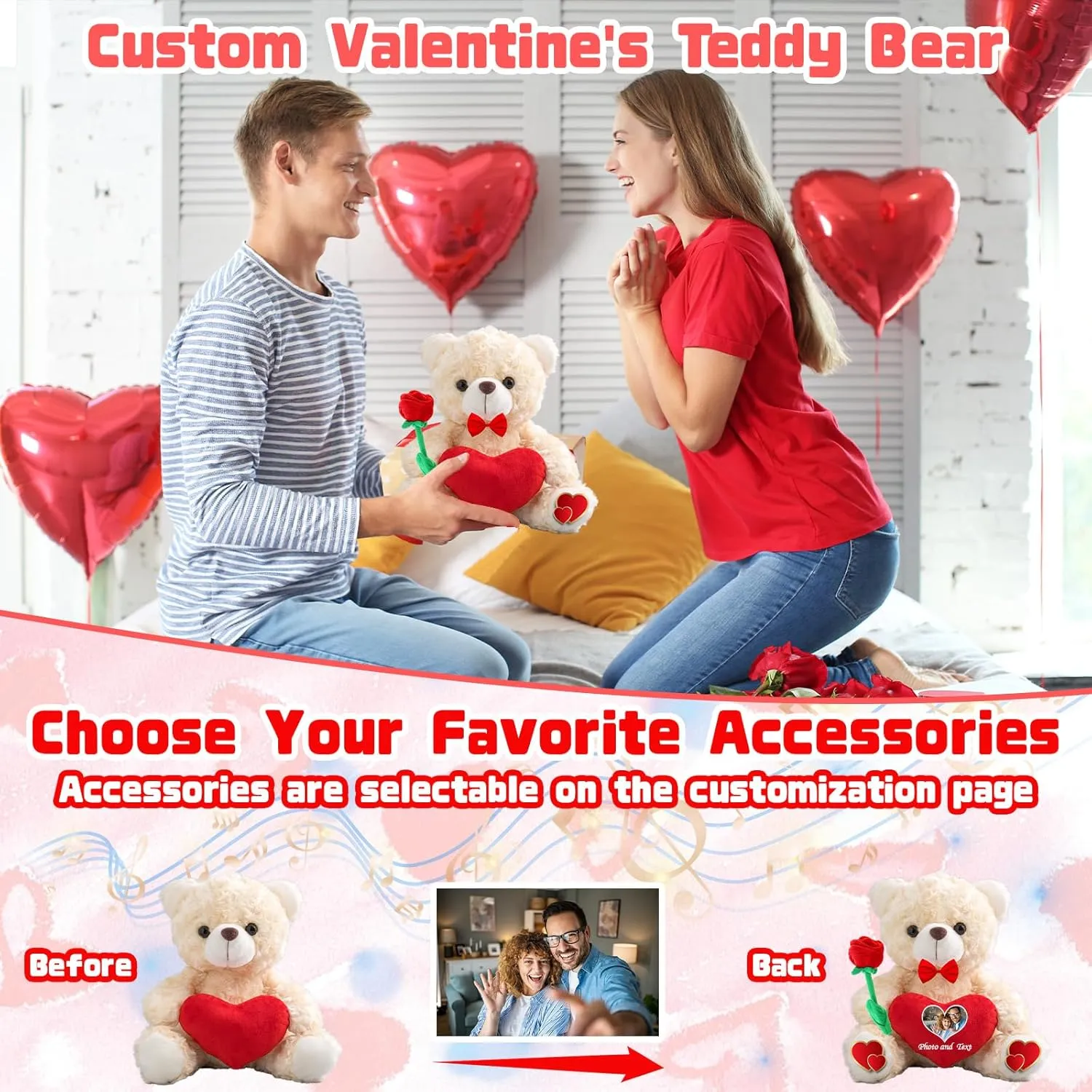 Personalized Valentine Teddy Bear with Text  Photo as Valentine's Day Gifts for Her Him, Valentine Teddy Bear Stuffed Animal as Personalized Gifts for Valentine (8 inch-Text  Photo)