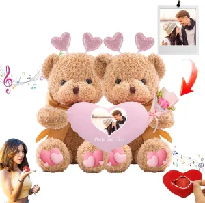 Personalized Valentine Teddy Bear with Text Photo, Personalized Valentine Bear with Heart Hugging Plush as Valentine Gifts for Men Valentine Gifts for Her on Valentine 2PCS (16 inch)