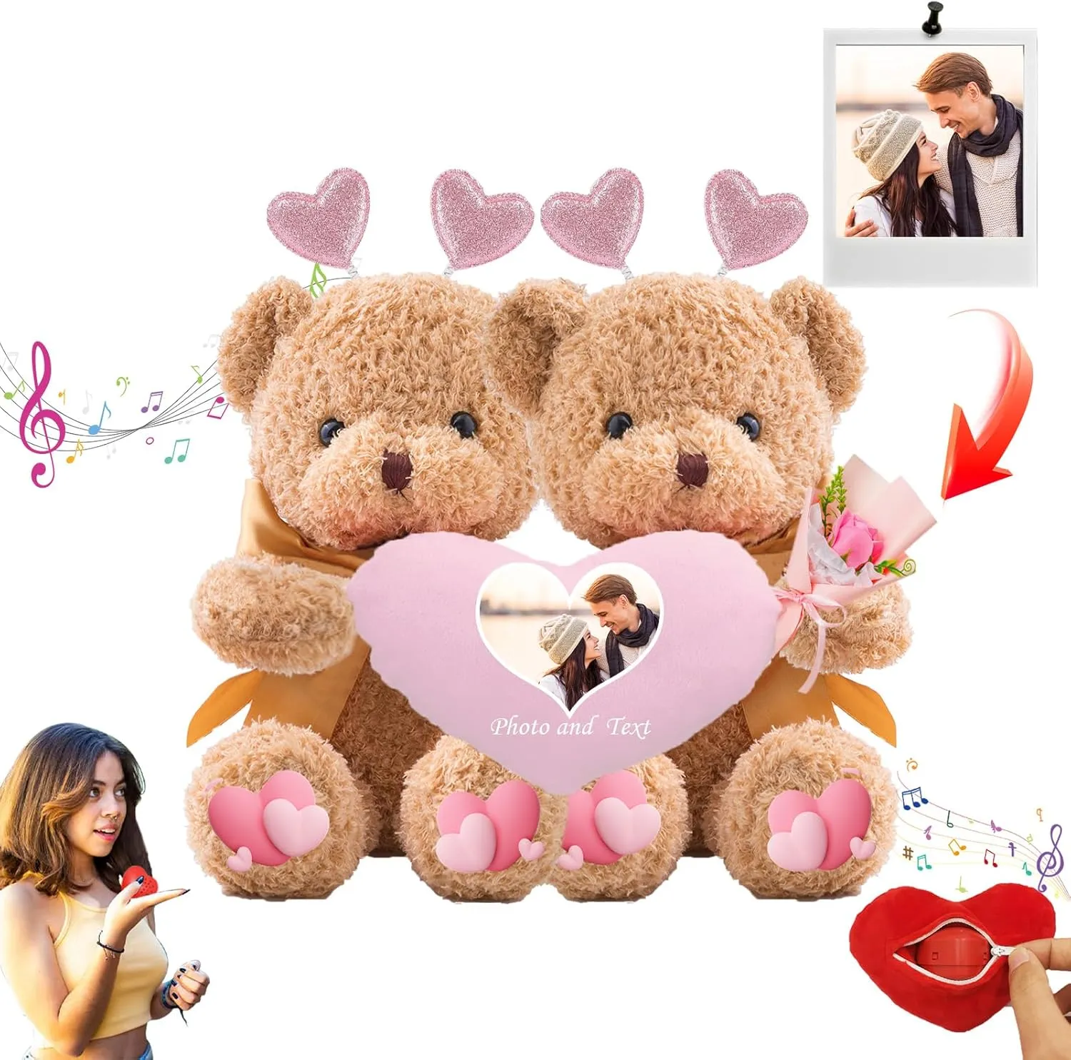 Personalized Valentine Teddy Bear with Text Photo, Personalized Valentine Bear with Heart Hugging Plush as Valentine Gifts for Men Valentine Gifts for Her on Valentine 2PCS (16 inch)