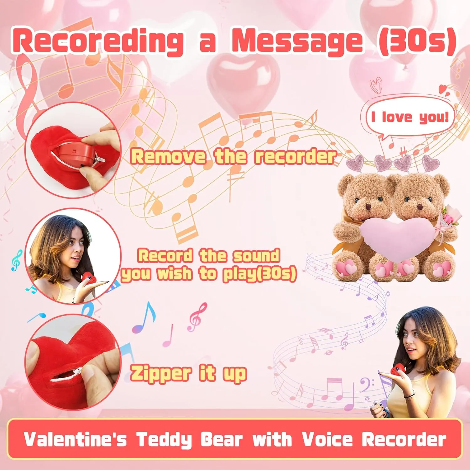 Personalized Valentine Teddy Bear with Text Photo, Personalized Valentine Bear with Heart Hugging Plush as Valentine Gifts for Men Valentine Gifts for Her on Valentine 2PCS (16 inch)