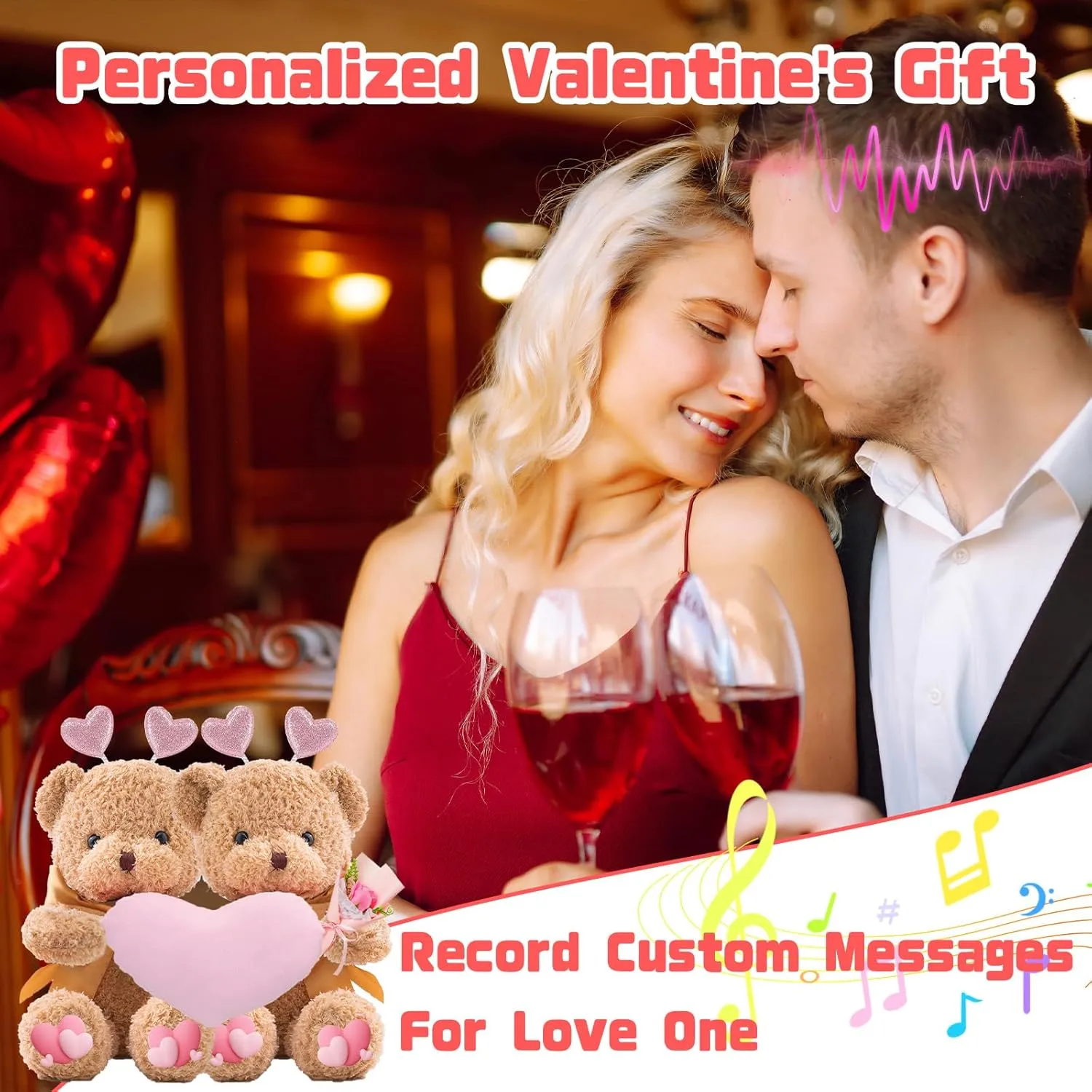 Personalized Valentine Teddy Bear with Text Photo, Personalized Valentine Bear with Heart Hugging Plush as Valentine Gifts for Men Valentine Gifts for Her on Valentine 2PCS (16 inch)