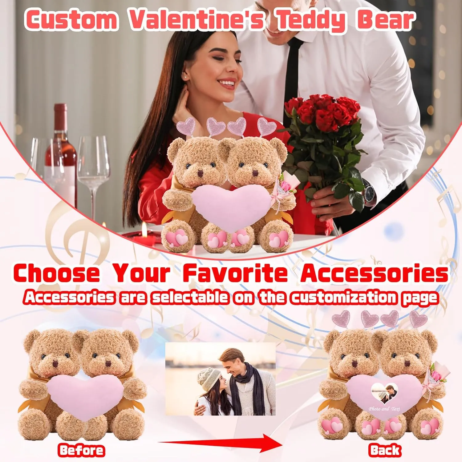 Personalized Valentine Teddy Bear with Text Photo, Personalized Valentine Bear with Heart Hugging Plush as Valentine Gifts for Men Valentine Gifts for Her on Valentine 2PCS (16 inch)