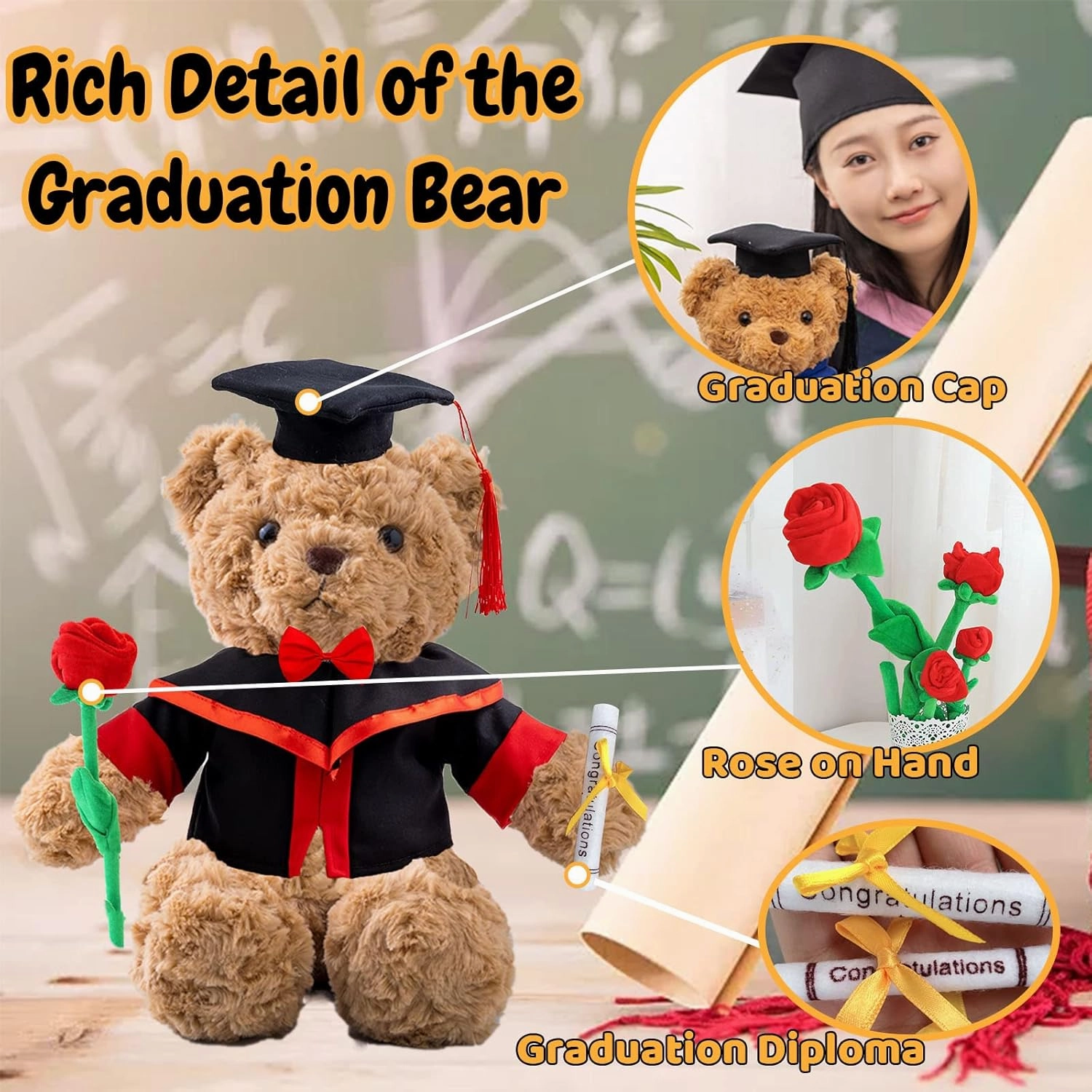 Personalized Gifts Teddy Bear with Photo  Text, Graduation Bear with Rose  Bow as Personalized Bear for Graduation Day 2024 Kindergarten Graduation Gift for Her 2024 High School (13 in-Text Photo)