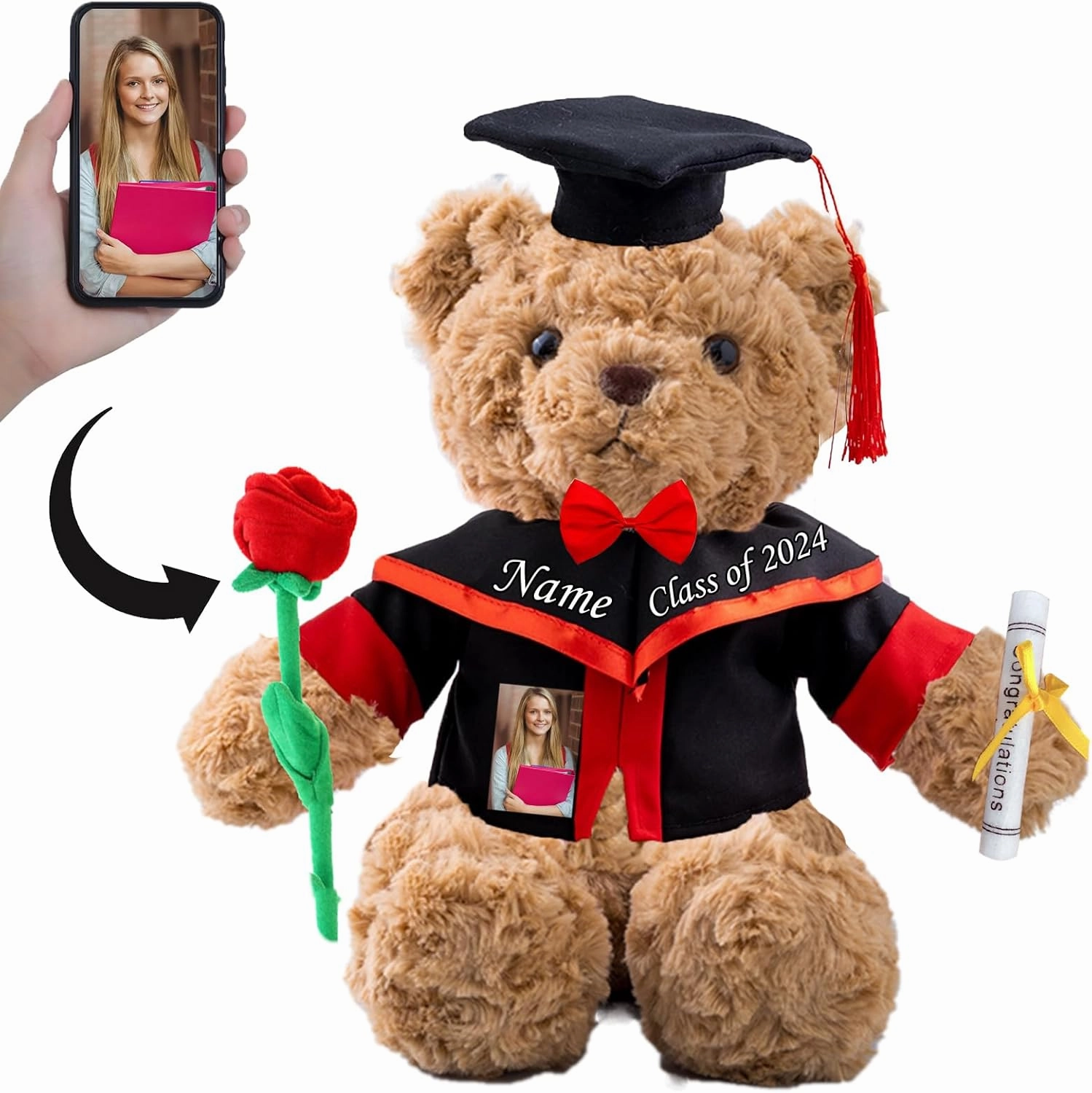 Personalized Gifts Teddy Bear with Photo  Text, Graduation Bear with Rose  Bow as Personalized Bear for Graduation Day 2024 Kindergarten Graduation Gift for Her 2024 High School (13 in-Text Photo)