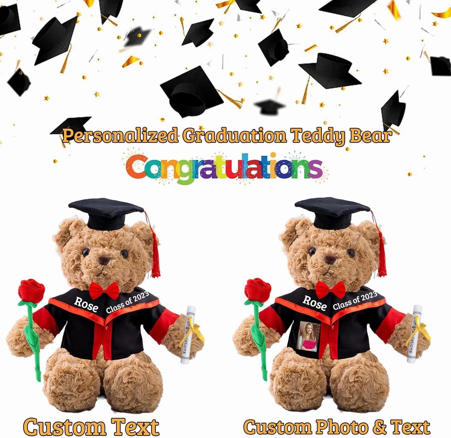 Personalized Gifts Teddy Bear with Photo  Text, Graduation Bear with Rose  Bow as Personalized Bear for Graduation Day 2024 Kindergarten Graduation Gift for Her 2024 High School (13 in-Text Photo)