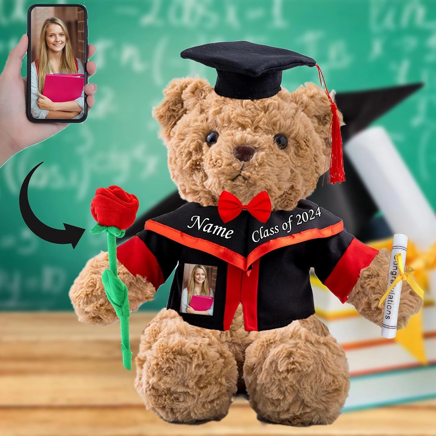 Personalized Gifts Teddy Bear with Photo  Text, Graduation Bear with Rose  Bow as Personalized Bear for Graduation Day 2024 Kindergarten Graduation Gift for Her 2024 High School (13 in-Text Photo)