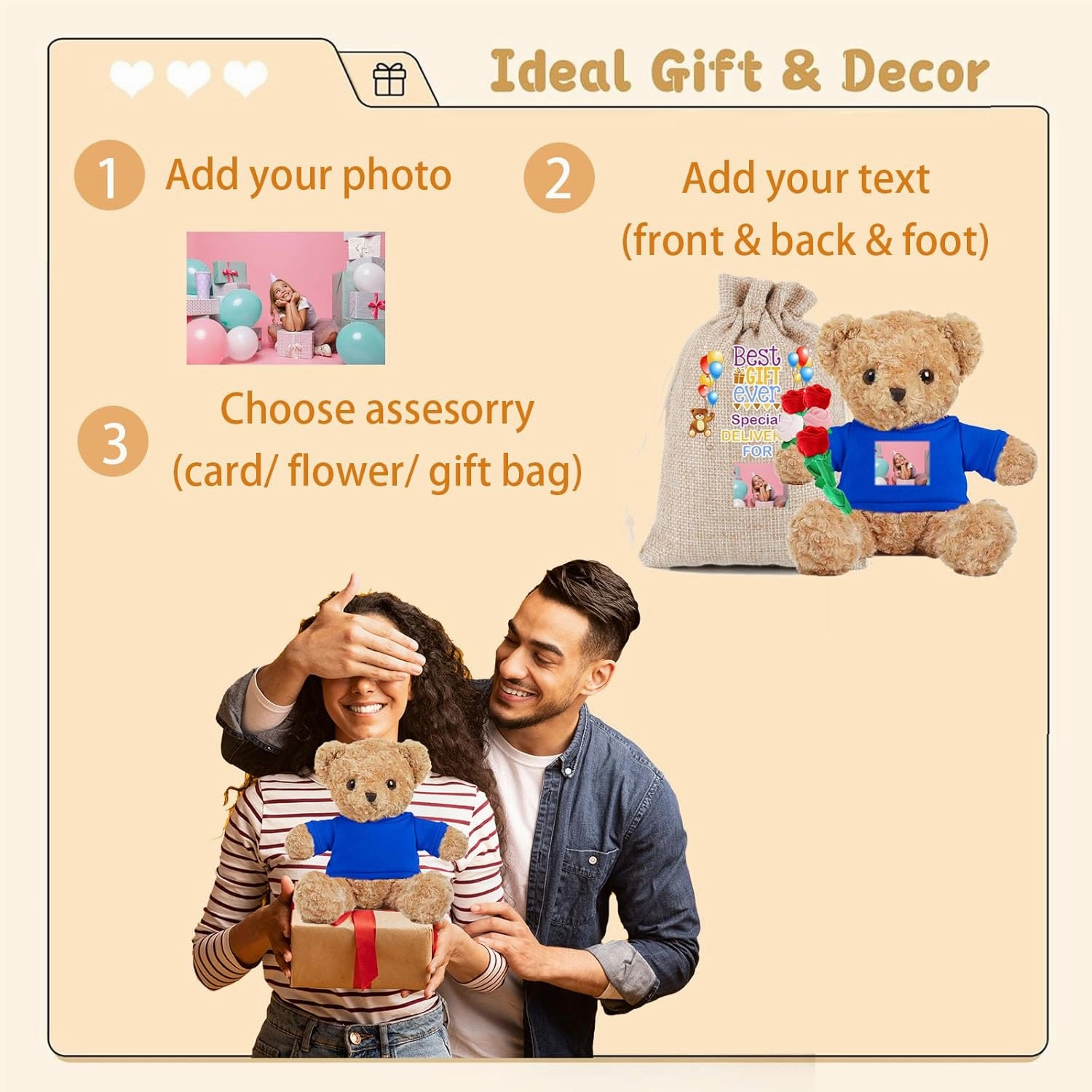 Personalized Teddy Bear for Her Him, Brown Bear Stuffed Plush Toys with Text Photo, Personalized Gifts for Birthday 12 inch