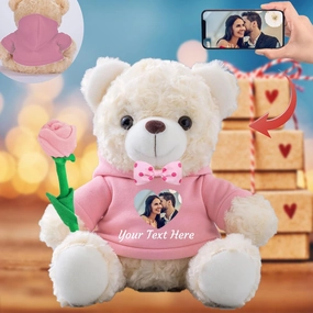 Personalized Teddy Bear with Photo and Custom Text, Valentine Teddy Bear with Rose and Bow for Her as Personalized Gifts for Men as Valentines Gift/Birthday/Anniversary (10 in-Hoodie-Pink)