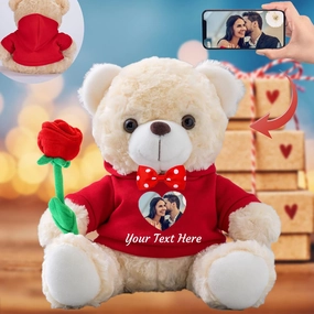 Personalized Teddy Bear with Photo and Custom Text, Valentine Teddy Bear with Rose and Bow for Her as Personalized Gifts for Men as Valentines Gift/Birthday/Anniversary (10 in-Hoodie-Red)