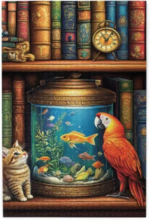 Pet Puzzle 1000 Pieces, Wooden Puzzles For Adults, Cat And Parrot In Front Of Fish Tank, Vibrant And Unique, Creative Entertainment Game, Challenging Brain Exercise, Enjoy The Process
