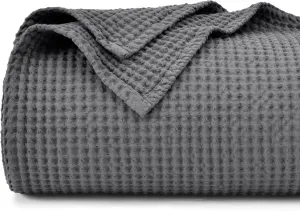PHF Pre-Washed Cotton Waffle Weave Blanket Queen Size for Bed,Snag Proof Throw Blanket for Couch Spring Summer Lightweight Breathable,Oeko-TEX Certified,Machine Washable, Home Decor Gift，Charcoal