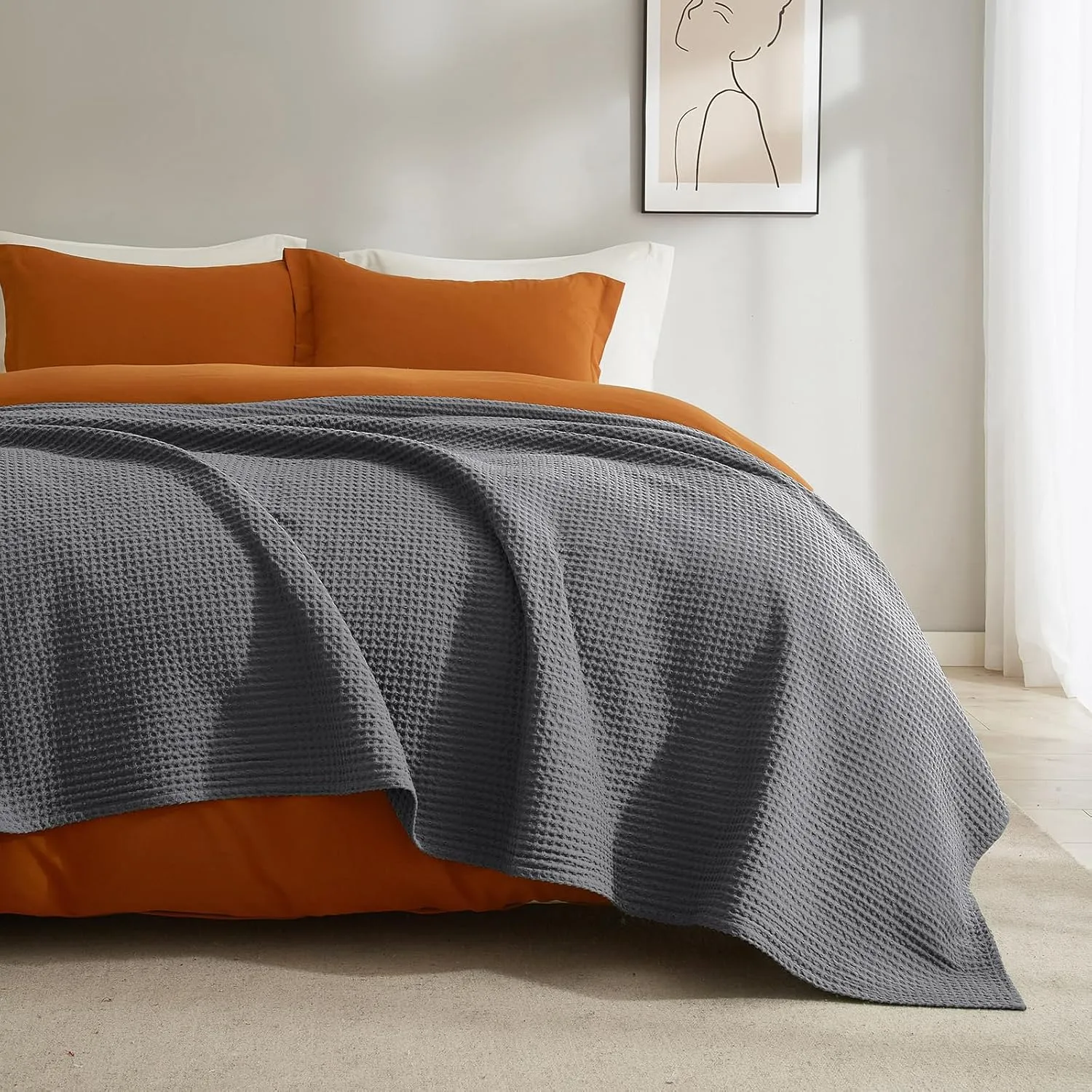 PHF Pre-Washed Cotton Waffle Weave Blanket Queen Size for Bed,Snag Proof Throw Blanket for Couch Spring Summer Lightweight Breathable,Oeko-TEX Certified,Machine Washable, Home Decor Gift，Charcoal