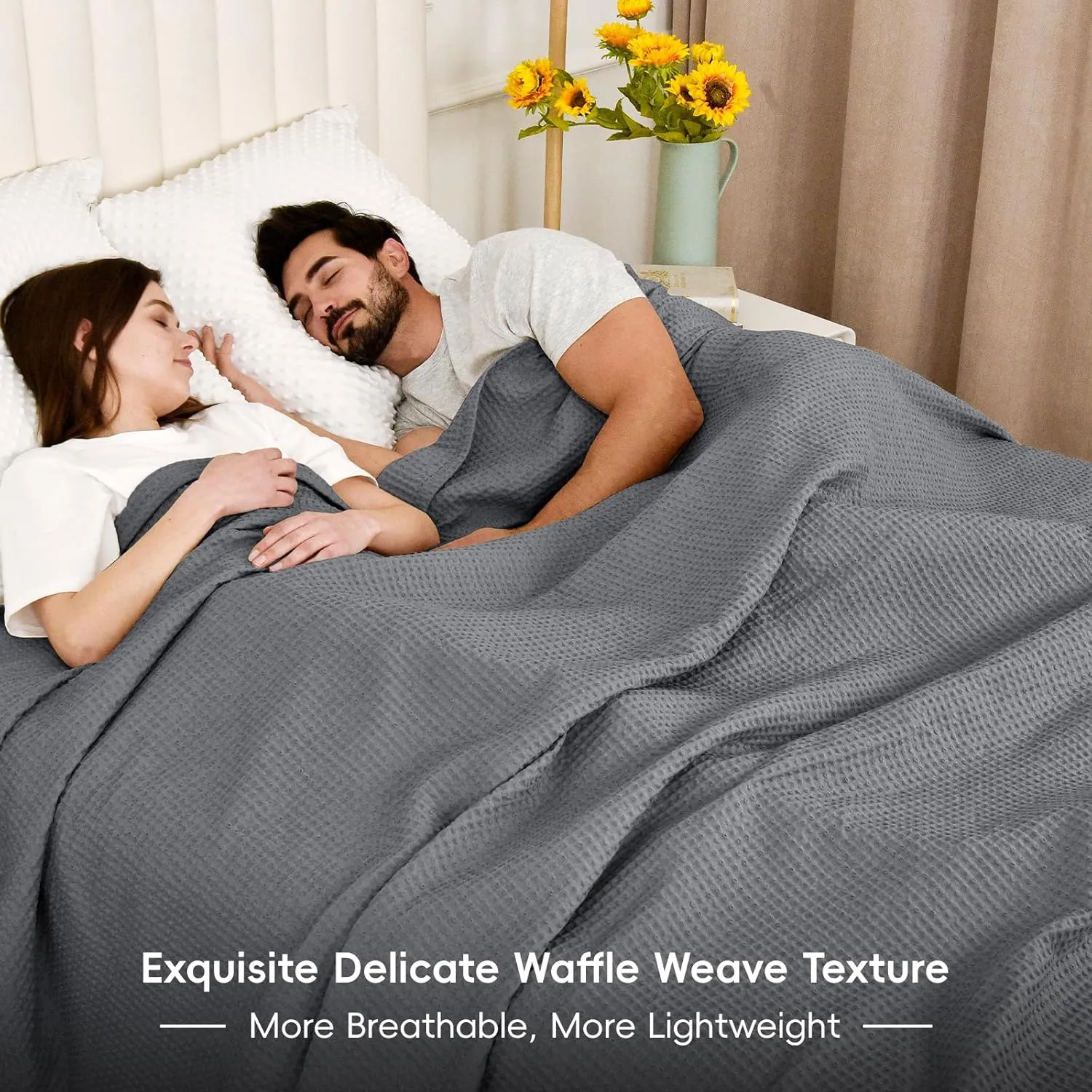 PHF Pre-Washed Cotton Waffle Weave Blanket Queen Size for Bed,Snag Proof Throw Blanket for Couch Spring Summer Lightweight Breathable,Oeko-TEX Certified,Machine Washable, Home Decor Gift，Charcoal