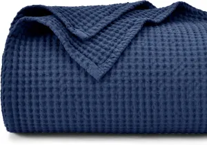 PHF Pre-Washed Cotton Waffle Weave Blanket Queen Size for Bed,Snag Proof Throw for Couch, Summer Lightweight Breathable,Oeko-TEX Certified,Machine Washable, Home Decor Gift-Bright Navy Blue